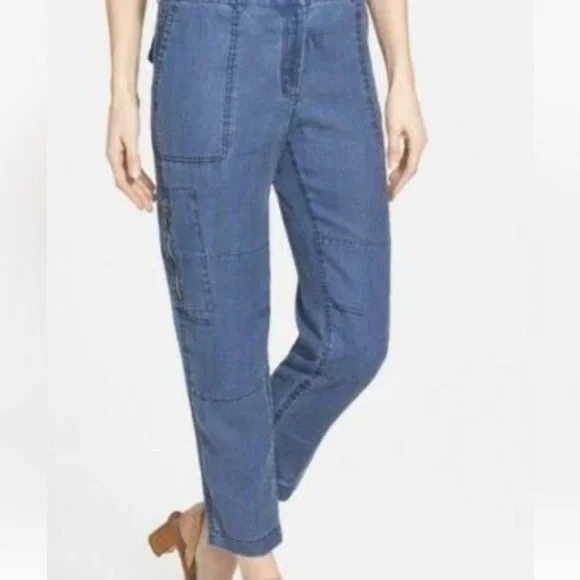 Tommy Bahama Blue Washed Linen Cargo Cropped Pants. Front, Back Pockets, Zipper - Picture 9 of 11